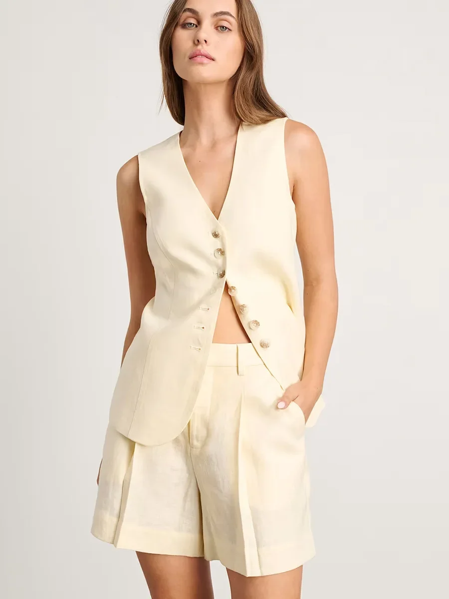 

2025 Casual Cotton linen Vest Shorts Set Women Solid Single Breasted V-neck Tops High Waist Short Pants Summer New Lady Suit