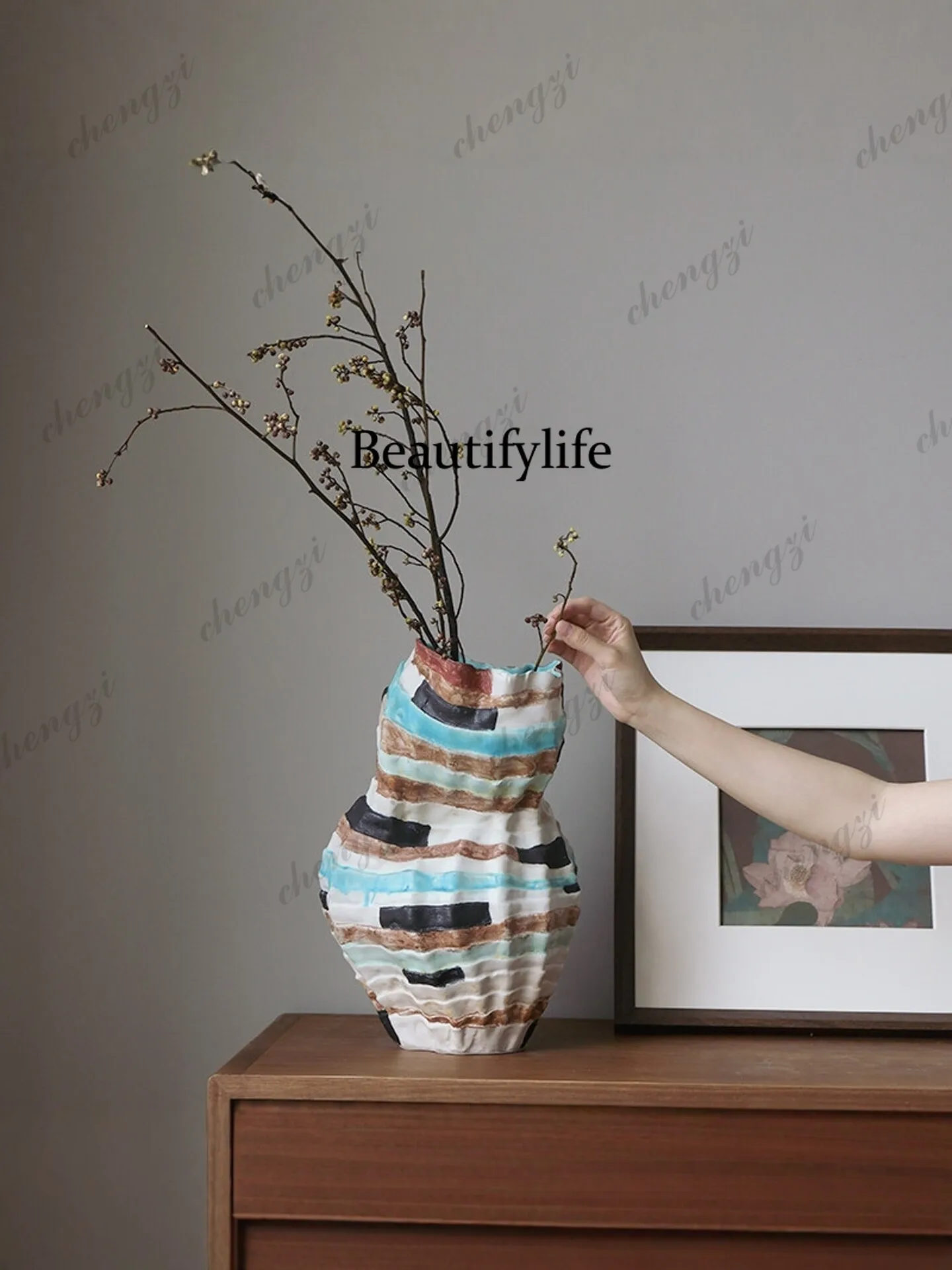 Chinese-style wabi style ceramic vase retro Jingdezhen coarse pottery flower ware entrance living room flower arrangement