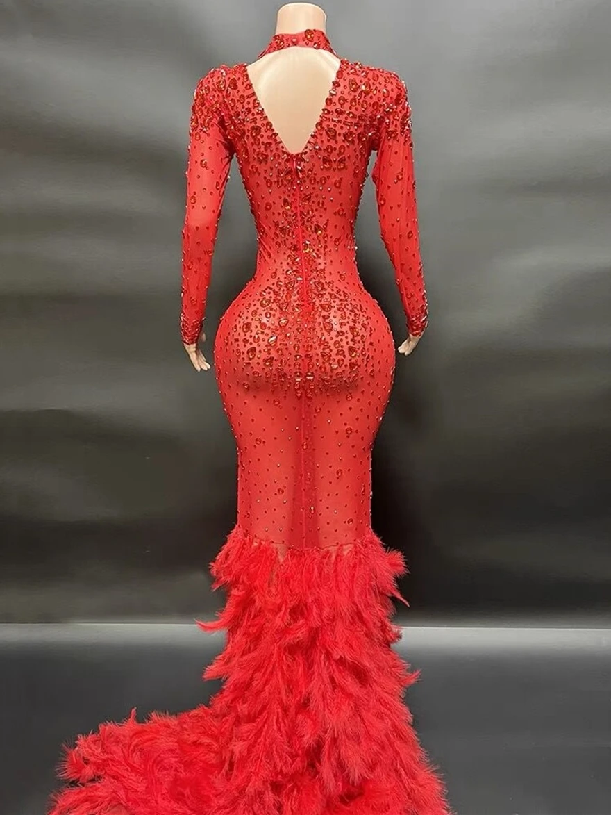 Red Luxury Rhinestones Grand Feathers Sexy Sheath Dress Evening Party Performance Costume Bar Nightclub Singer Dancer Stage Wear