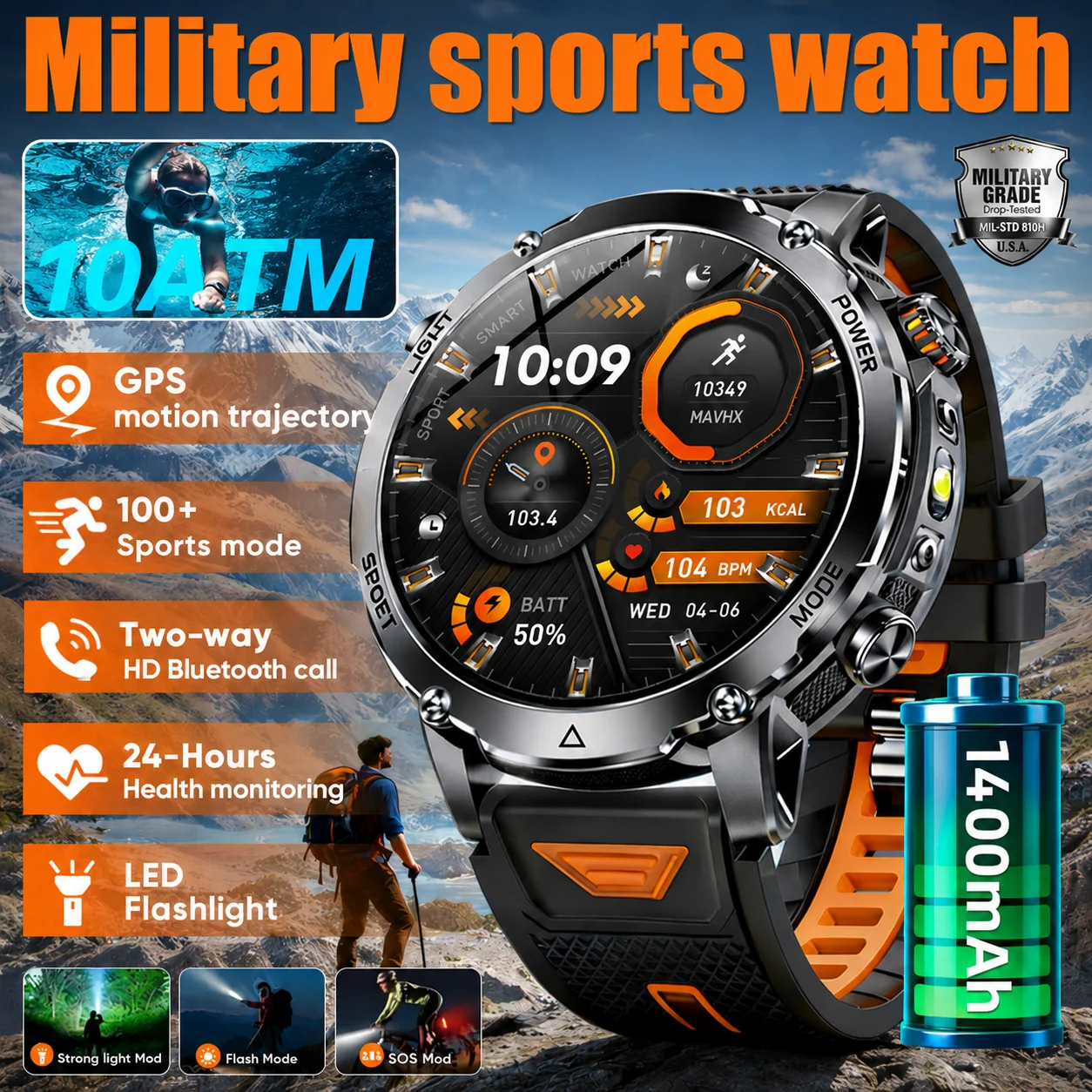 LIGE Smart Watches  Men Ultra 1400mAh Battery Military Smartwatch 10ATM Waterproof Heart Rate  LED Flashlight Watch For Men