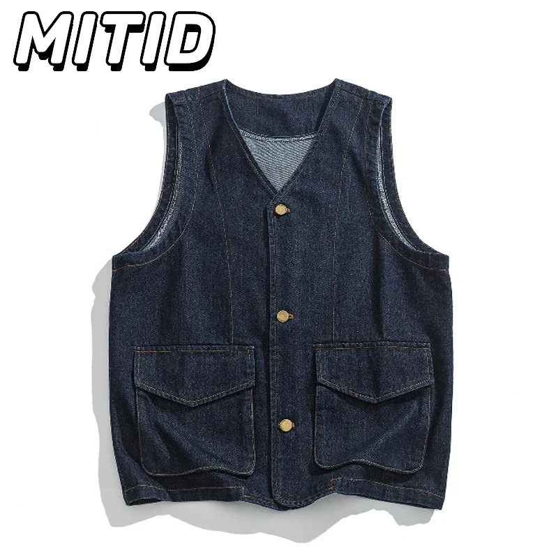 American Vintage Mens Coats Vests Y2k Streetwear Multiple Pockets Cargo Denim Vests Spring New Fashion Casual Denim Vests Coatsm