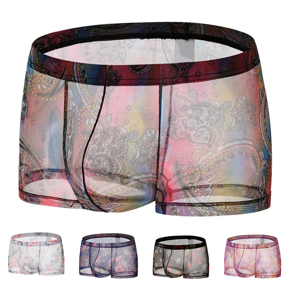 

Mens Sexy Underwear Boxers Shorts Transparent Underwear Boxer Briefs Mesh Print Panties U-Pouch Underpant