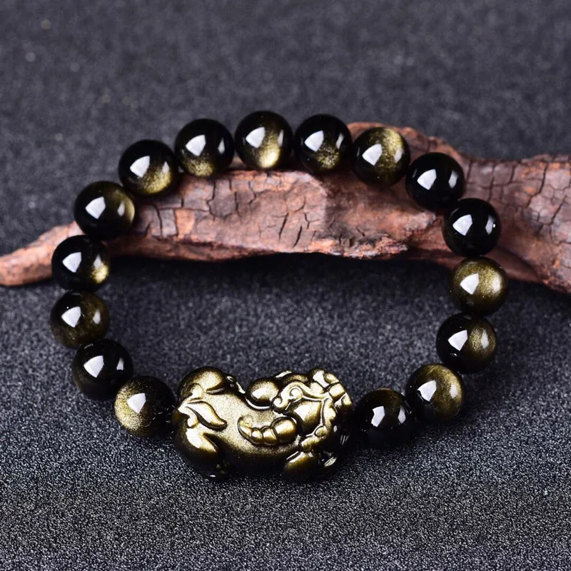 Natural Gold Obsidian Bracelet Men Women Healing Gemstone Fine Jewelry Pulsera Feng Shui  Pixiu Obsidian Wealth Bracelets Bangle view 3