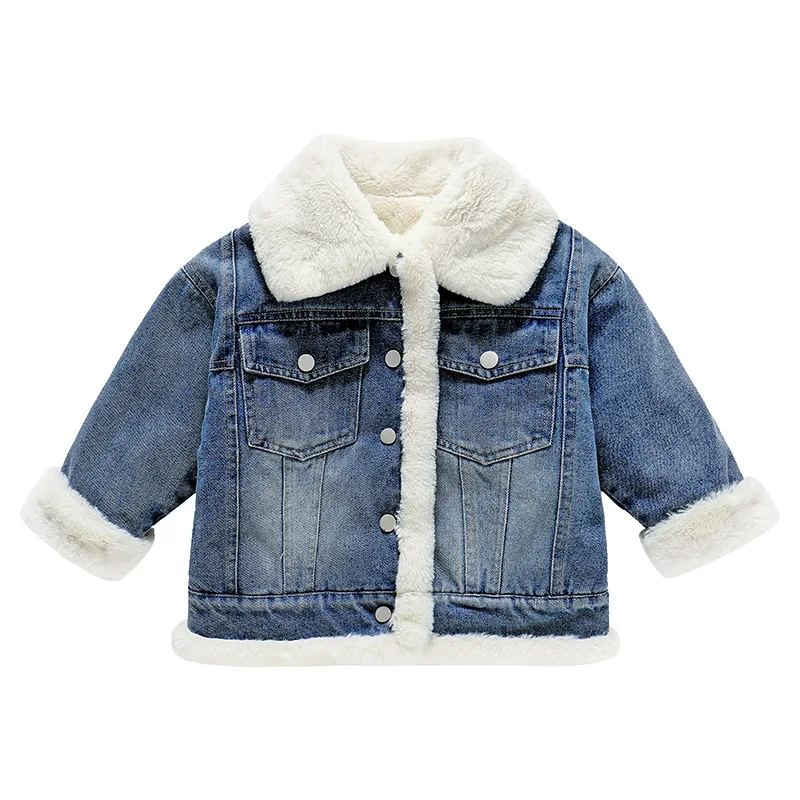 Girls Large Fur Denim Jacket Fall Winter 2026 New Fashion Baby Girl Thick Top Medium Small Childrens Wear