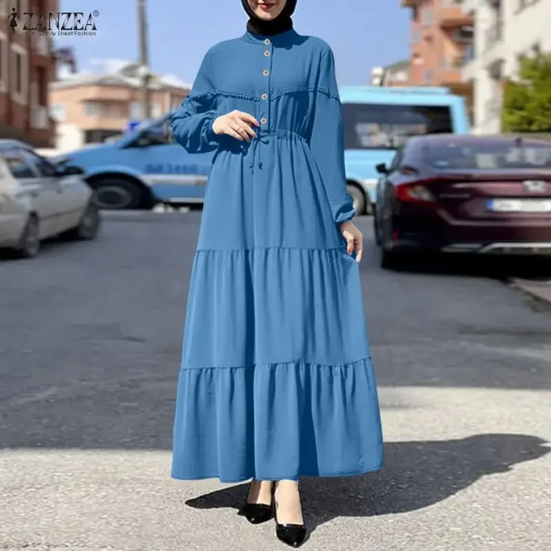 

ZANZEA, весенние длинные платья макси, женское элегантное платье Eid с длинными рукавами, модное мусульманское платье Абая, женский Рамадан, однотонный кафтан