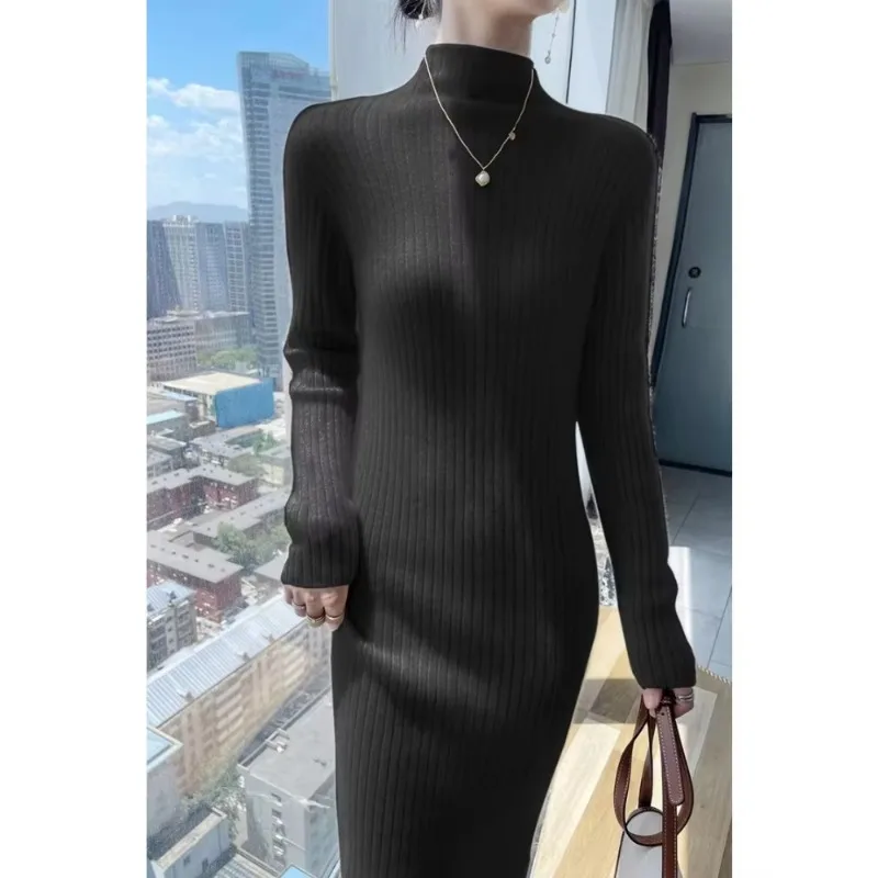 Sweater Dress Women Slim Fit Knit Long Sleeve Cashmere Long Skirt Dress Knitwear Women\'s Turtleneck Youth Female Clothing 2024