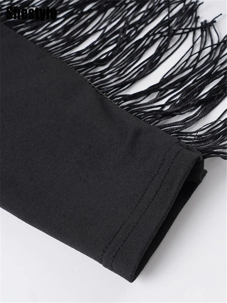 Shestyle الأسود شرابة أزياء داخلية النساء الياقة المدورة عالية الخصر زر ثونغ ضيق مثير جرلي نمط قمم طويلة الأكمام عموما #6