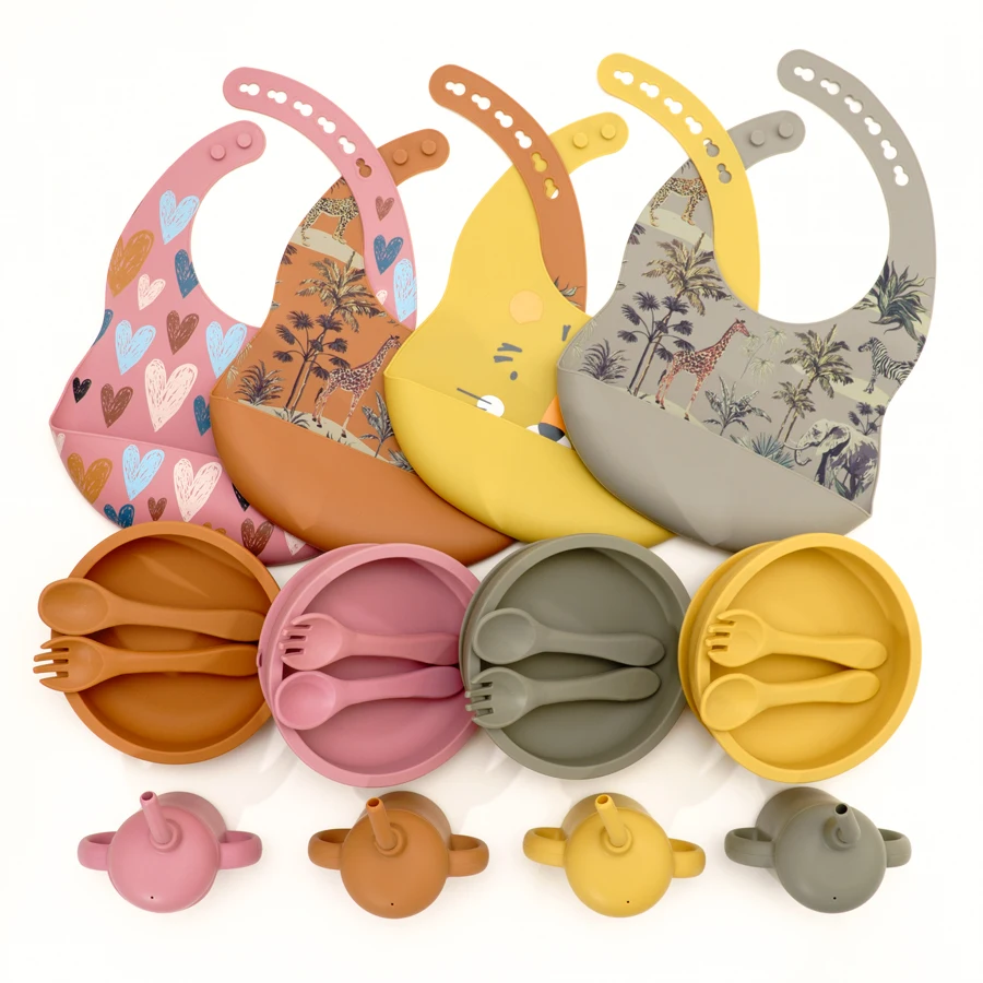 

6Pcs Baby Tableware Feeding Set Dishes Plate Sucker Bowl Cup Waterproof Bib Spoon Fork Children Silicone Cultery Baby Stuff