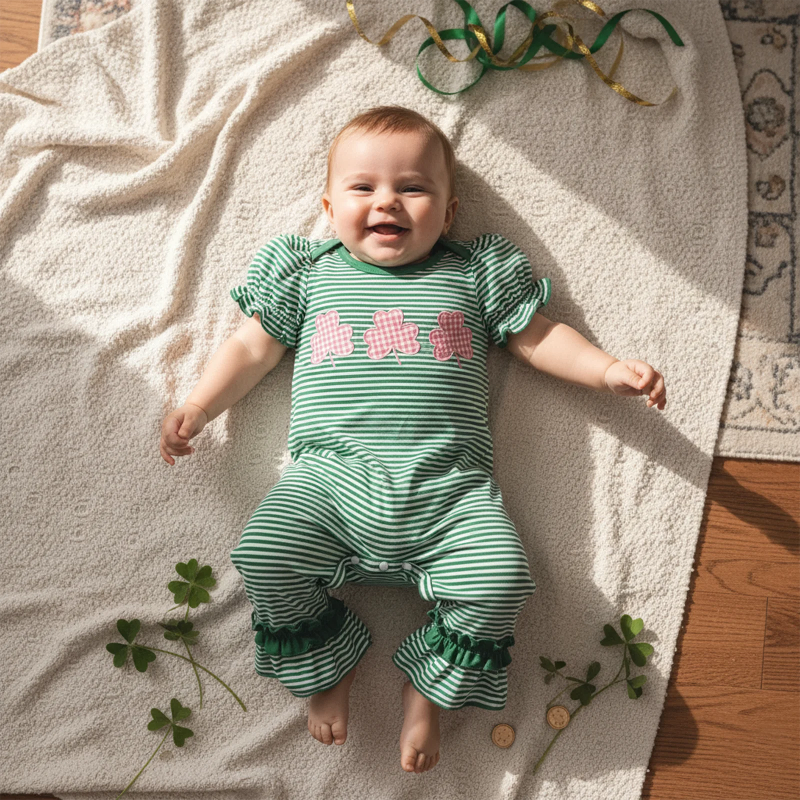 

Toddler Infant Baby Girl Irish Day Striped Romper Short Sleeve Round Neck Clover Embroidery Jumpsuits