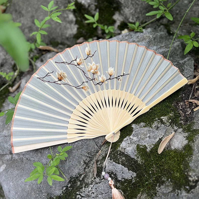 Suzhou Embroidered Folding Fan Women's Ancient Style Qipao Jade Bamboo Silk Chinese Style Silk Folding Small Fan