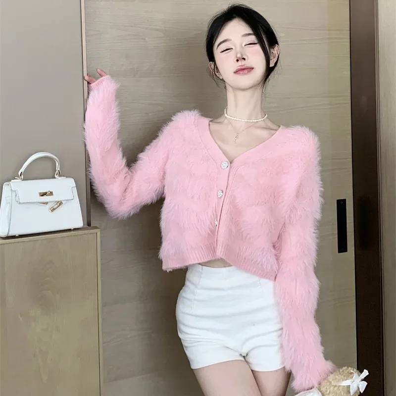 Ezgaga Fashion Knitted Cardigan Women Sexy Furry Tassel V Neck Loose Cropped Sweater Sweet Outwear Female Elegant Tops