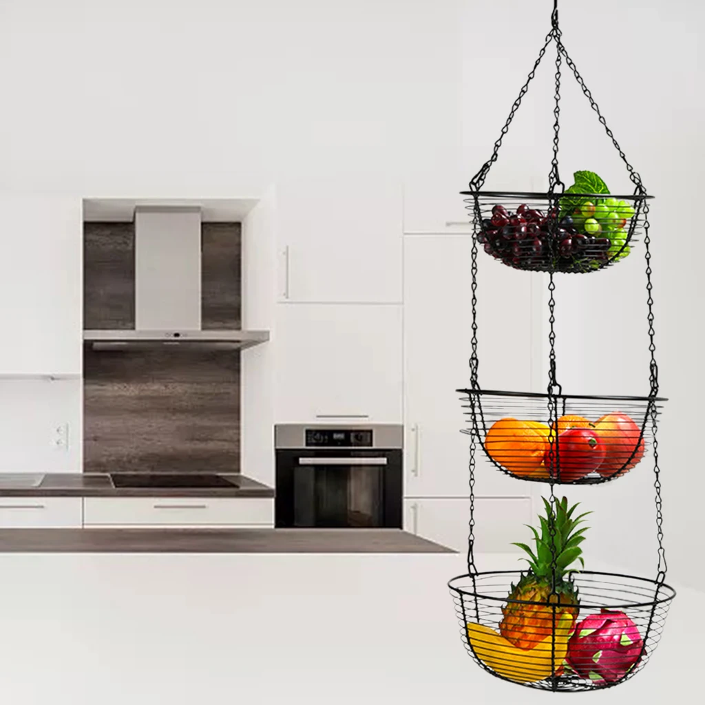 

3-Tier Hanging Fruit Basket Heavy Duty Black Wire Mesh Organizer for Vegetables Snacks Kitchen Pantry Space Saving Holder