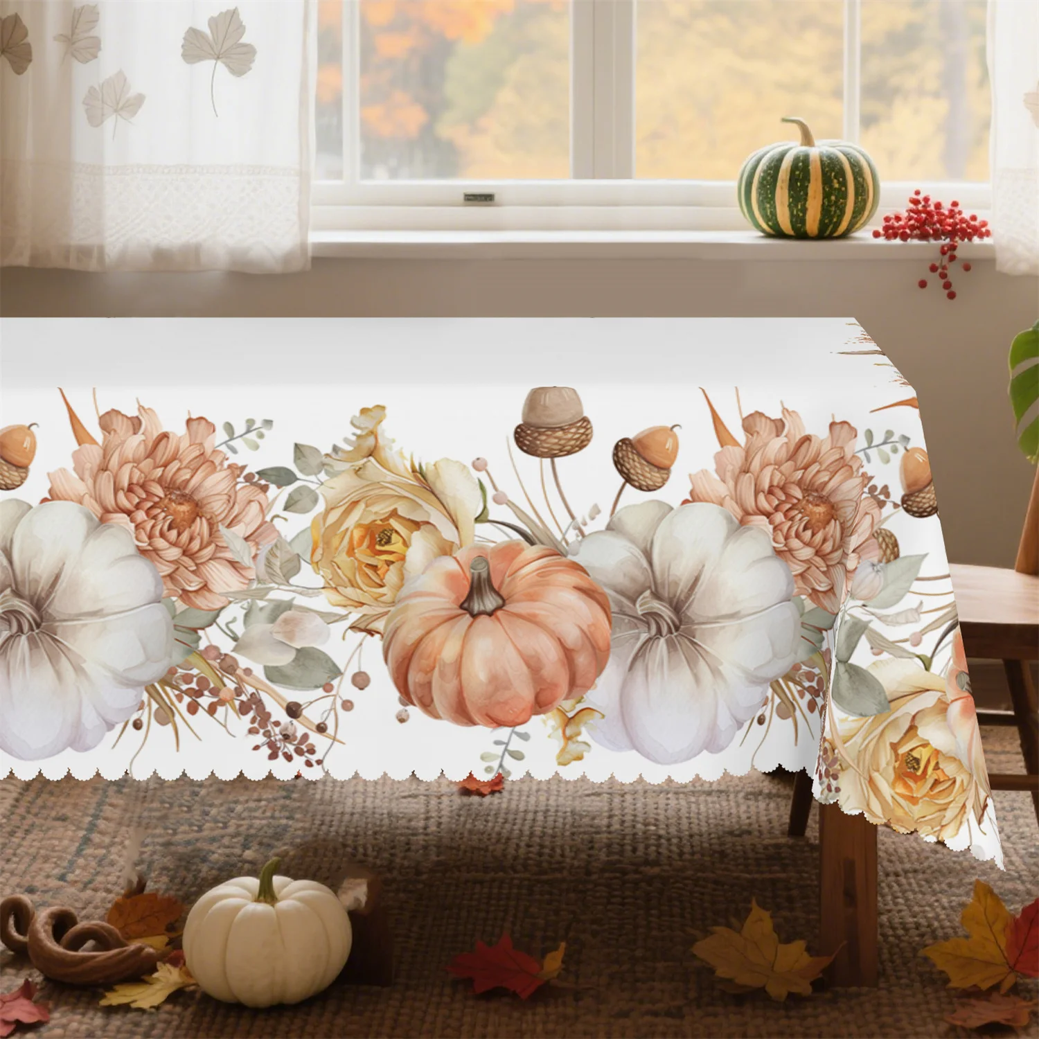 Flower leaves, hazelnuts, pumpkin tablecloth - washable, rustic style, autumn harvest decorationZYC