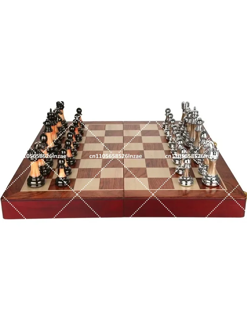 45cm Metal Chess Pieces Wooden Chess Set, Professional Folding Board Game for Family Classic Collection