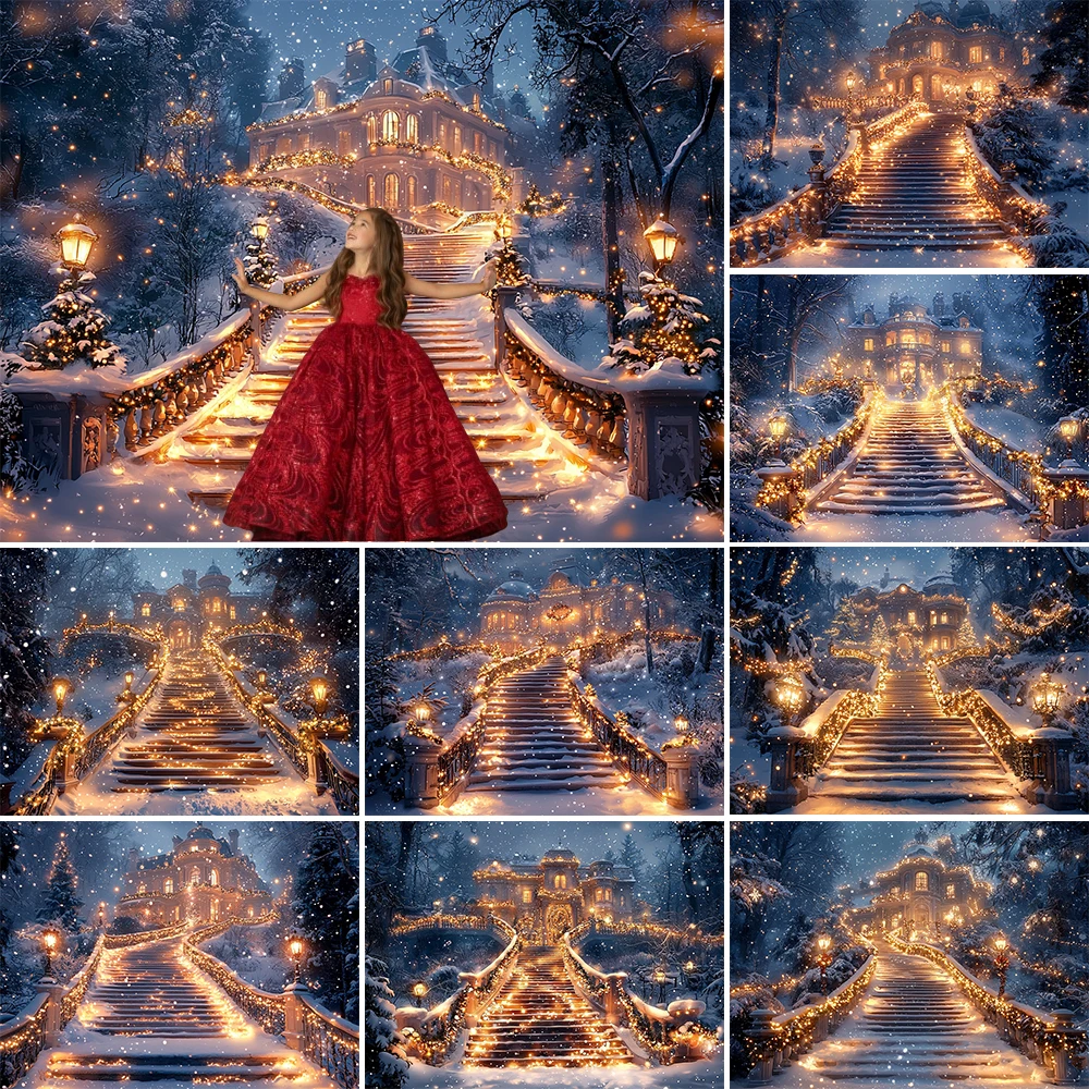 

Christmas Photography Background Lights Stairs Snow Holiday Decoration Princess Xmas Photo Portrait Backdrops Studio Props