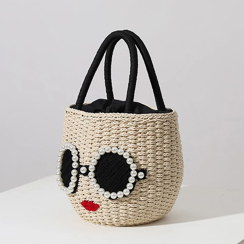 Glasses red lips straw wovenJapanese fashion rattan hand bag cute cartoon Shoulder Crossbody  Beach Bag bucket woven bag female