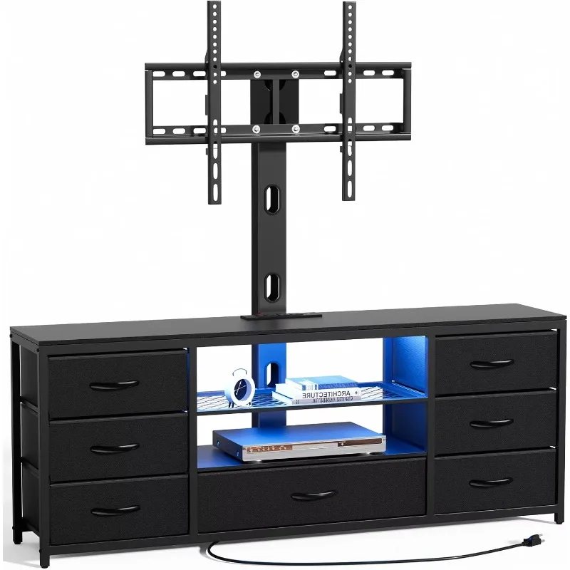 ^TV Stand with Mount and 7 Fabric Drawers, Led Entertainment Center with Power Outlets for 32 45 55 60 65 70 inch TVs, Black