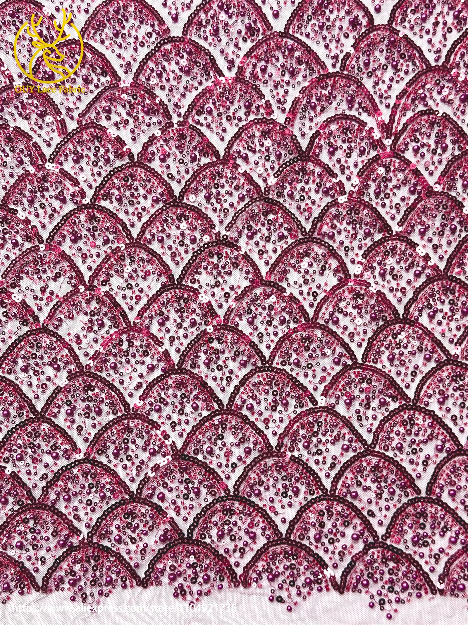 Burgunderroter afrikanischer Perlenstickerei-Mesh-Spitzenstoff, eleganter nigerianischer französischer Pailletten-Tüll-Spitzenstoff für Frauen, Partykleider – Detail 6