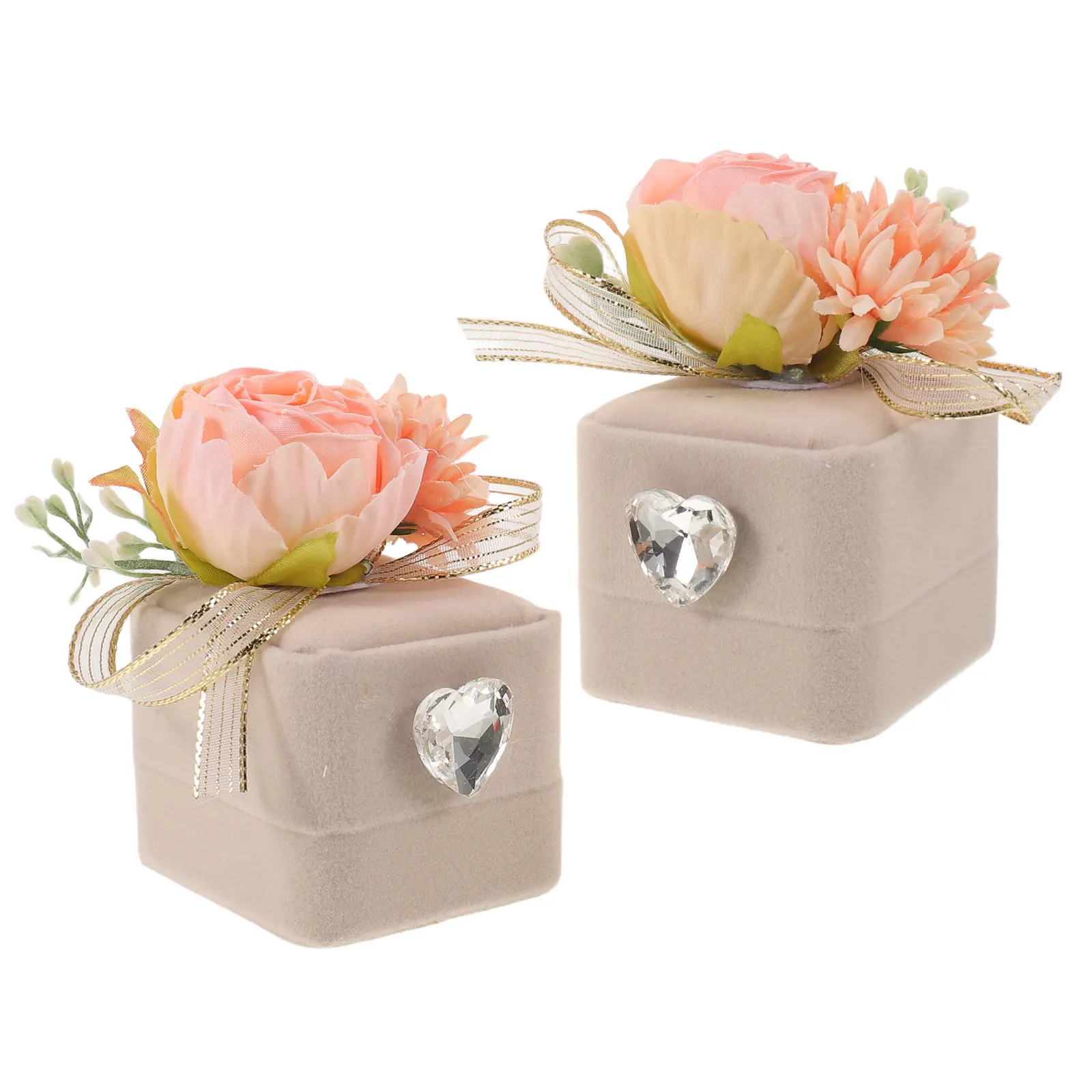 2Pcs Wedding Ring Box Artificial Flower Heart Rhinestone Grey Jewelry Case Engagement Proposal Anniversary Display Holder