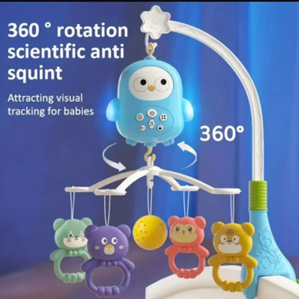 かわいいフクロウの形の音楽ベッドベル-360-度回転多用途ベッドサイドベル吊り下げ漫画ベッドベル-0-18-ヶ月用