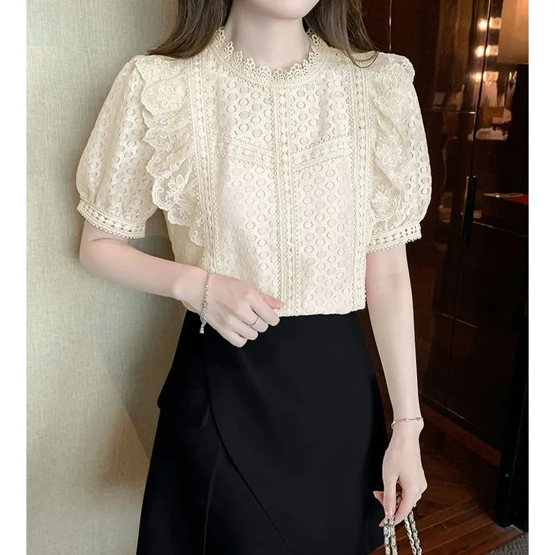 Women\'s Clothing Korean Fashion Lace Spliced Solid Color Shirt Summer All-match Elegant Female Round Neck Hollow Out Blouse