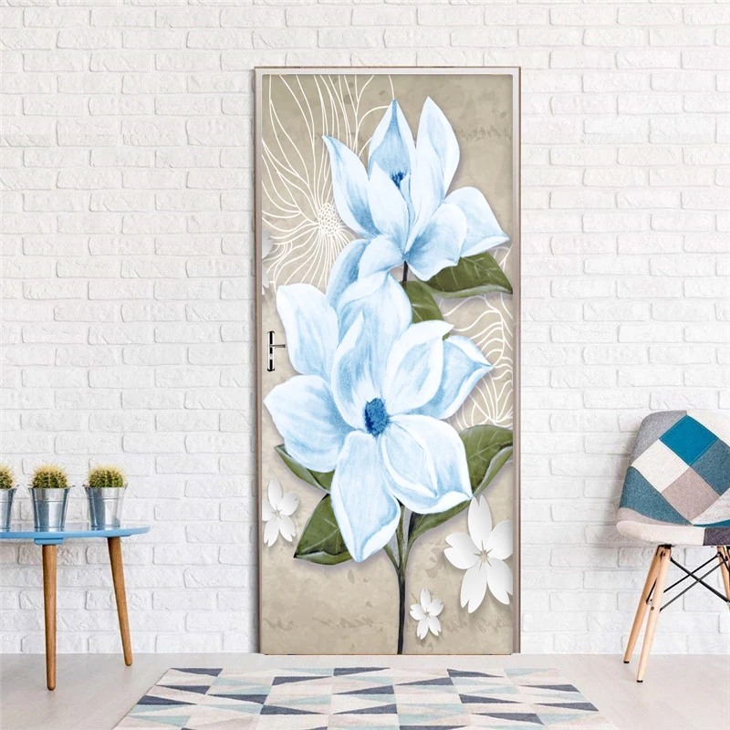 

DIY Door Stickers 3D Embossed Blue Flowers Living Room Bedroom Wall Wallpaper PVC Self Adhesive Door Decals Imitation Wall Mural