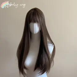 Brown Wig with Bangs 24inch Long Straight Hair Wig for Daily Use High Temperature Fibers Lolita Natural Headband Synthetic Wigs