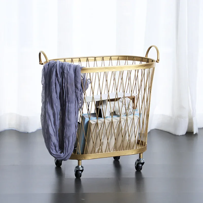 

Nordic Iron Dirty Clothes Storage Basket With Wheel Bathroom Movable Gold laundry Basket Rack Household Furniture Accessories