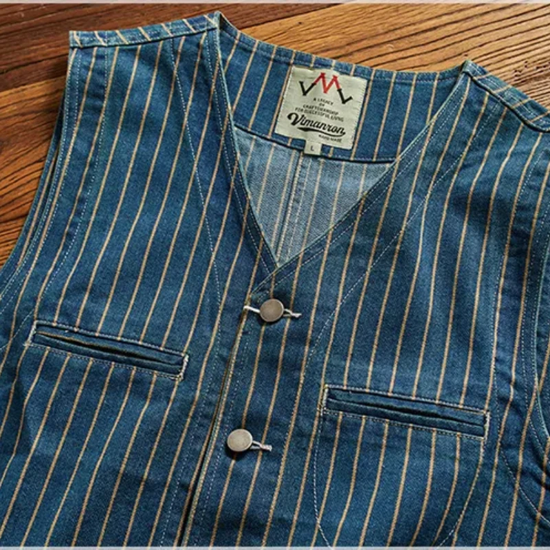 May Khaki denim vest men fashion vintage do old striped vest multi-pocket V-neck folded wear cargo vest men