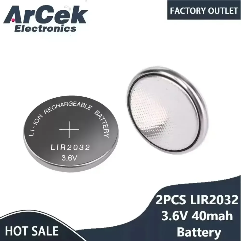 

2PCS LIR2032 3.6V 40mAh LIR 2032 Lithium Rechargeable Battery for Remote Control Watch Computer Motherboard Button Cell CR2032