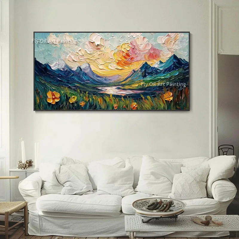 Handmade Large Blue Seaside Landscape Thick Oil Painting Modern Blue Sea Mountains Views Wall Art For Living Room Decor As Gifts