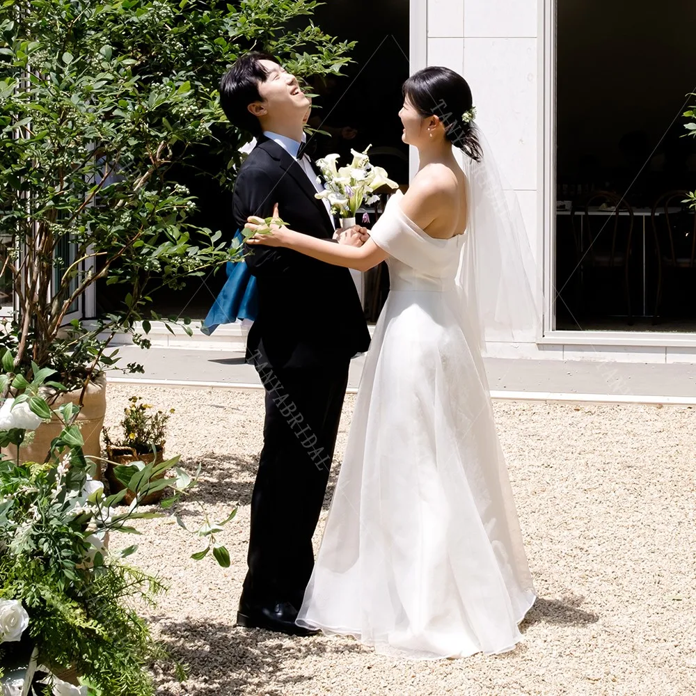 Vestido de novia de satén de Organza con cuello Barco, elegante vestido de novia de jardín al aire libre, línea A, largo hasta el suelo, con cordones en la espalda