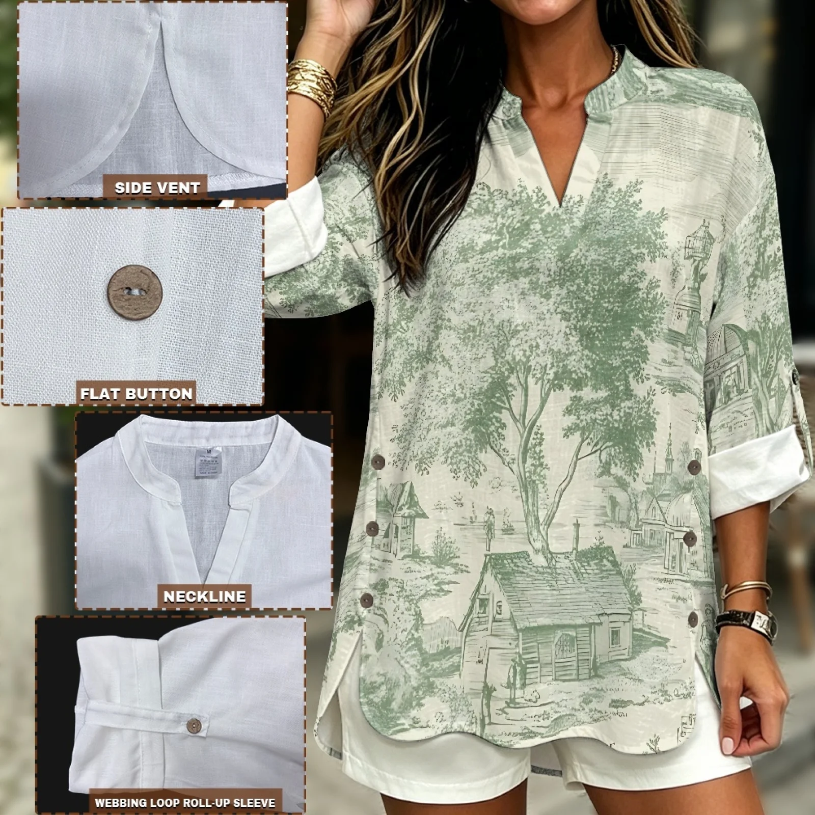 PENSTROLL Green Toile Print Slit Long Sleeve V Neck Blouse for Resort Gatherings Linen Style Women's Shirts Sizes S-5XL view 5