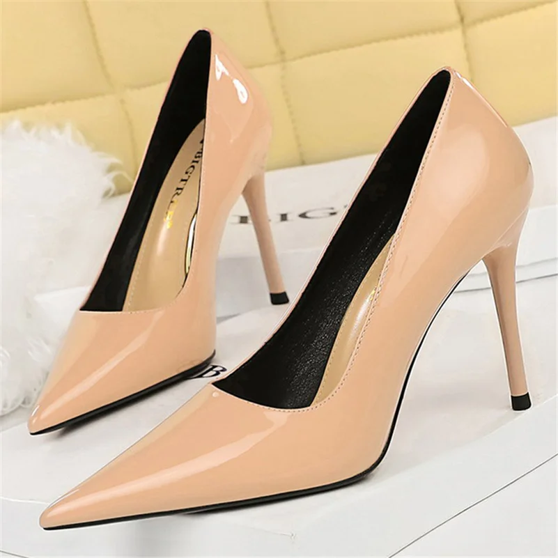 Women Fetish 10cm High Heels Nude Pumps Wedding Bridal Stiletto Wedding Sexy Wine Red Heels Lady Scarpins Office Party Shoes