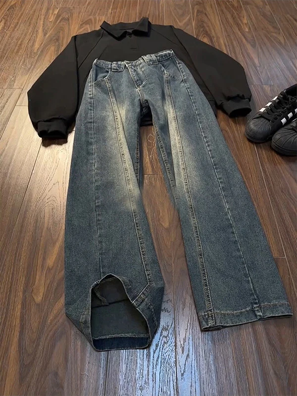 

Cleanfit Deconstructed Patchwork Wide Leg Jeans Men's Loose Straight Casual American Sle Winter Wear Youth mid Waist Zipper