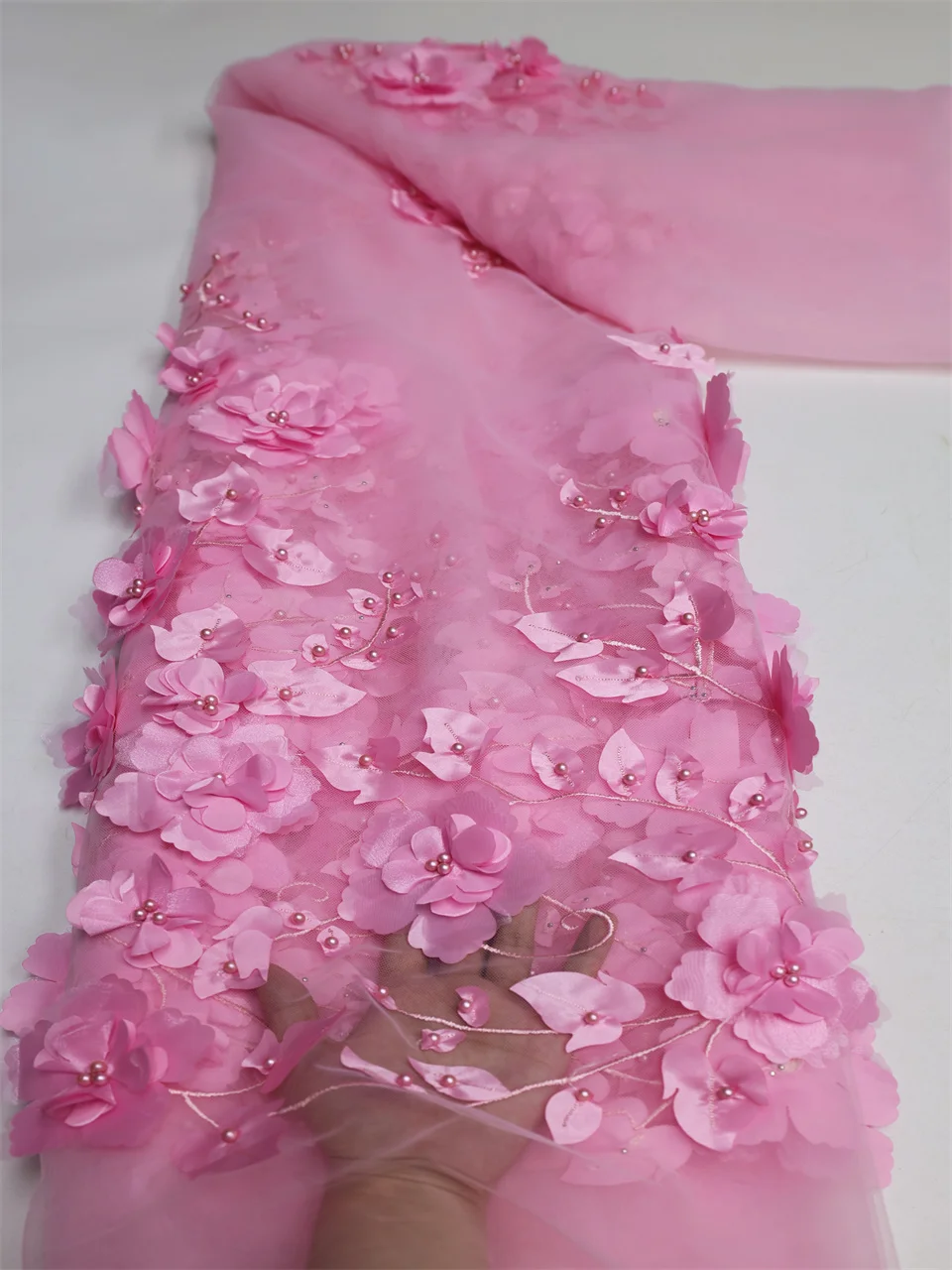 White 3D Bead Lace Fabric for Weddings