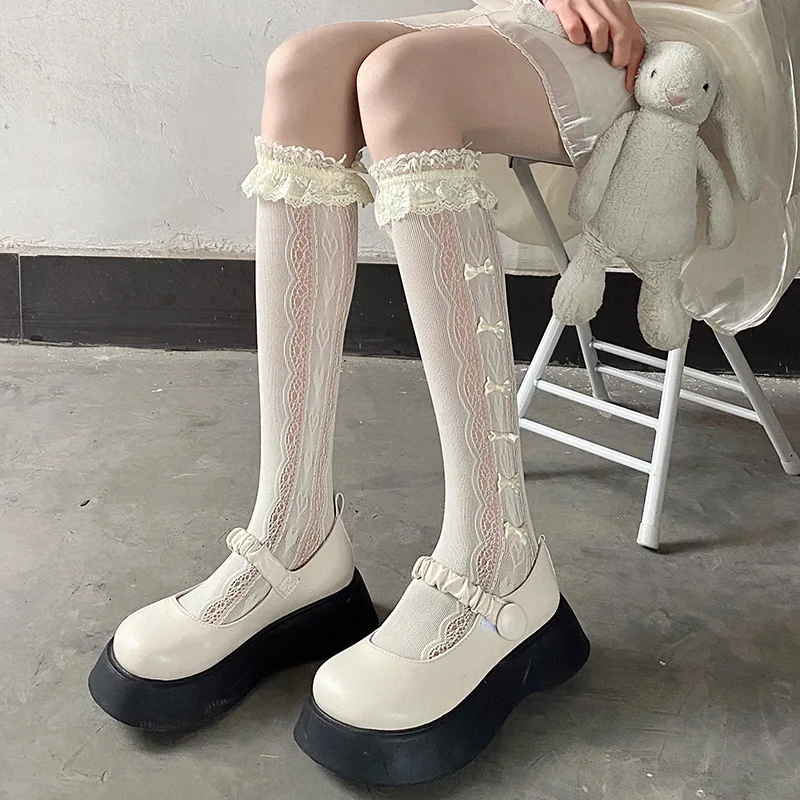 Women Lace Sockings Ruffle Cuff Bow Mid Calf Socks Hollow Out Mesh Knit Hosiery Sweet JK Lolita Daily Matching Fashion Sock