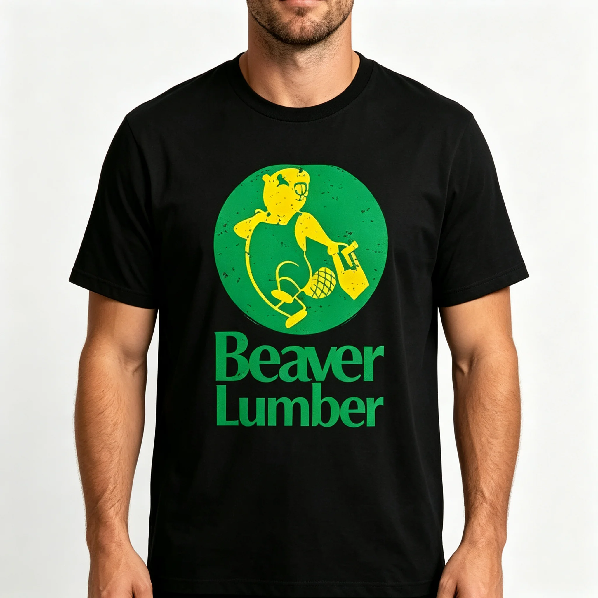 Men Beaver Lumber T Shirt Retro Animal Logo Print Crew Neck Black Cotton Casual Short Sleeve Tee for Men Daily Streetwear Tops