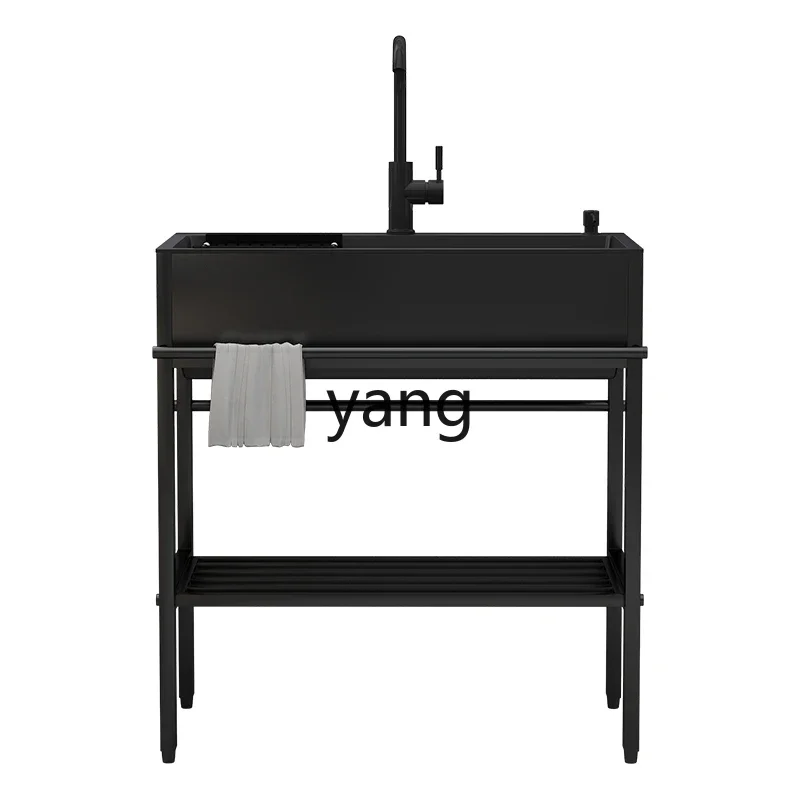 YJQ household black stainless steel sink with bracket kitchen vegetable basin floor-to-ceiling thickened dishwashing double sink