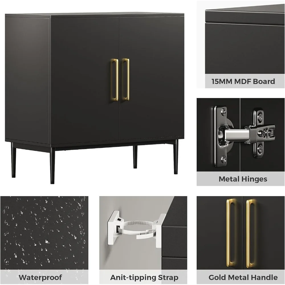 Storage Cabinet with Doors, Modern Black Accent Cabinet, Free Standing Cabinet, Wooden Buffet Sideboards for Bedroom, Kitchen