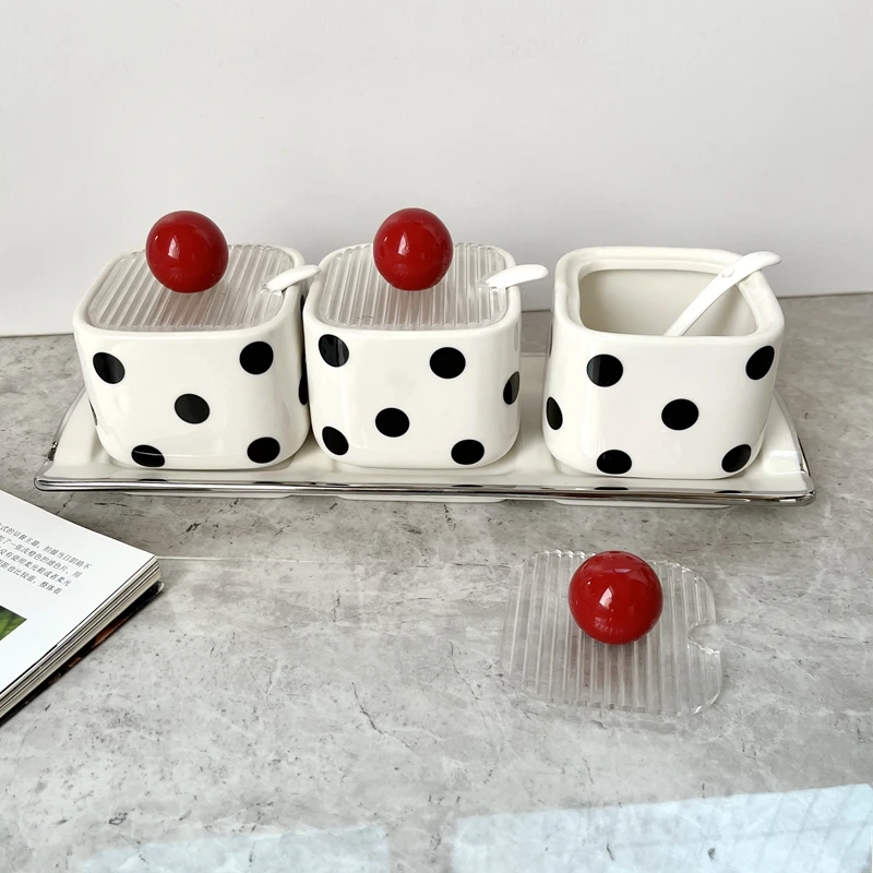 Black-and-white Polka-dot Ceramic Seasoning Jar Simple Household Salt Jar Seasoning Jar Storage Seasoning Box Kitchen Supplies