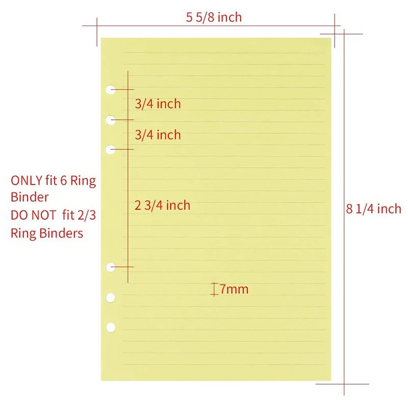 A5 Colorful 6-Hole Punched Ruled Refills Inserts For Organizer Binder, 5-Color Loose Leaf Planner Filler Paper,50 Sheets