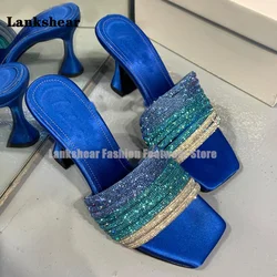 Summer Colorful Rhinestone Slippers for Women Sexy Stiletto High Heel Peep Toe Plus Size Sandals Slides Mid Heel Mules Shoes