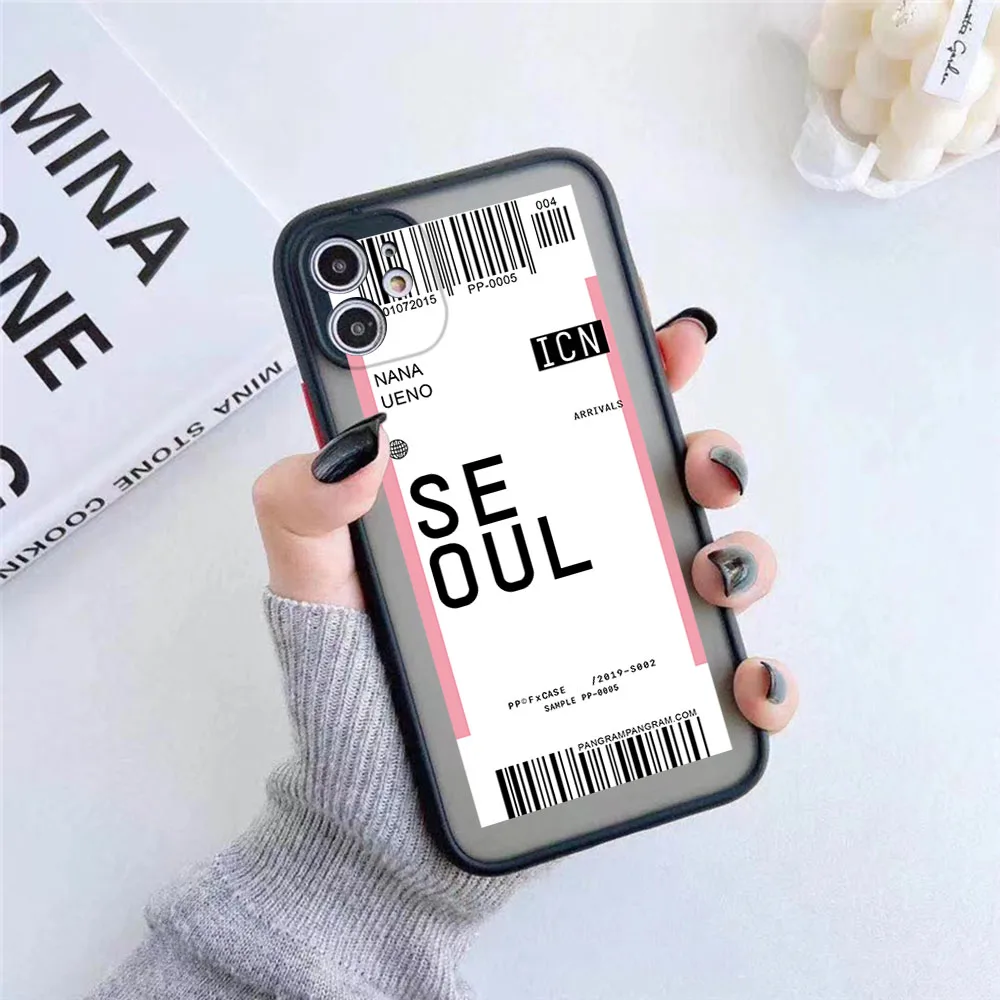 For iphone 15 8 7 14 Plus 13 12 11 Pro SE XS Max X XR 6s Seoul Toronto Rome Travel Ticket Label Frosted Translucent Phone Case