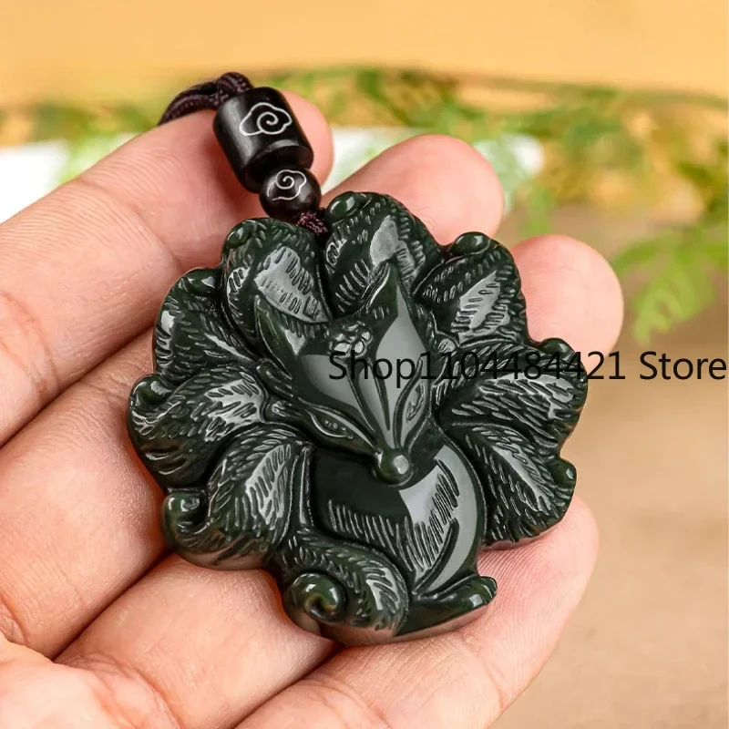 

Natural Hetian Jade Ink Jade Nine-tailed Fox Pendant Hand-carved Fashion High-grade Jewelry Men and Women Lucky Amulet