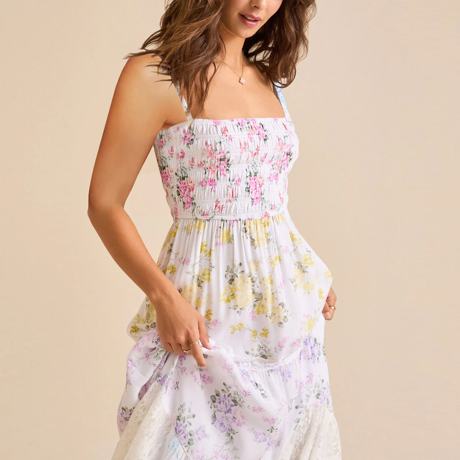 ผู้หญิงฤดูร้อนแขนกุดพิมพ์ดอกไม้ Contrast สีปรับสายรัดบาง Smocked Flowy A-Line ยาว Cami Slip Dress