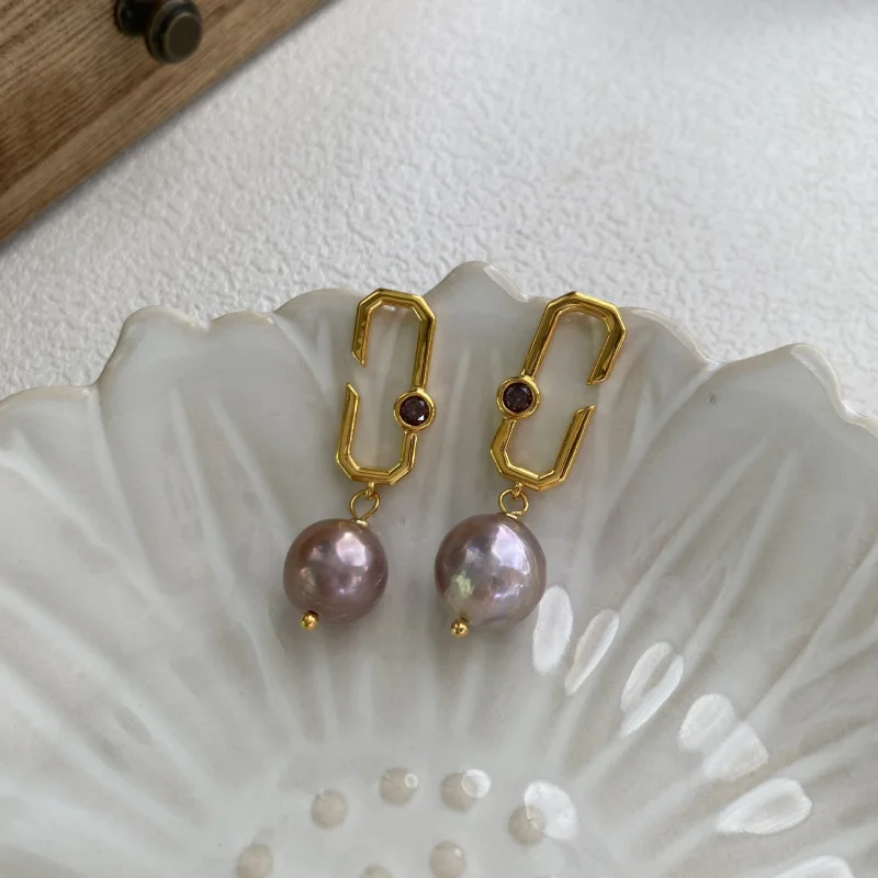 Purple Baroque Natural Freshwater Pearl Ear Studs Elegant High Sense New Earrings Trendy Niche Unique Earrings Women