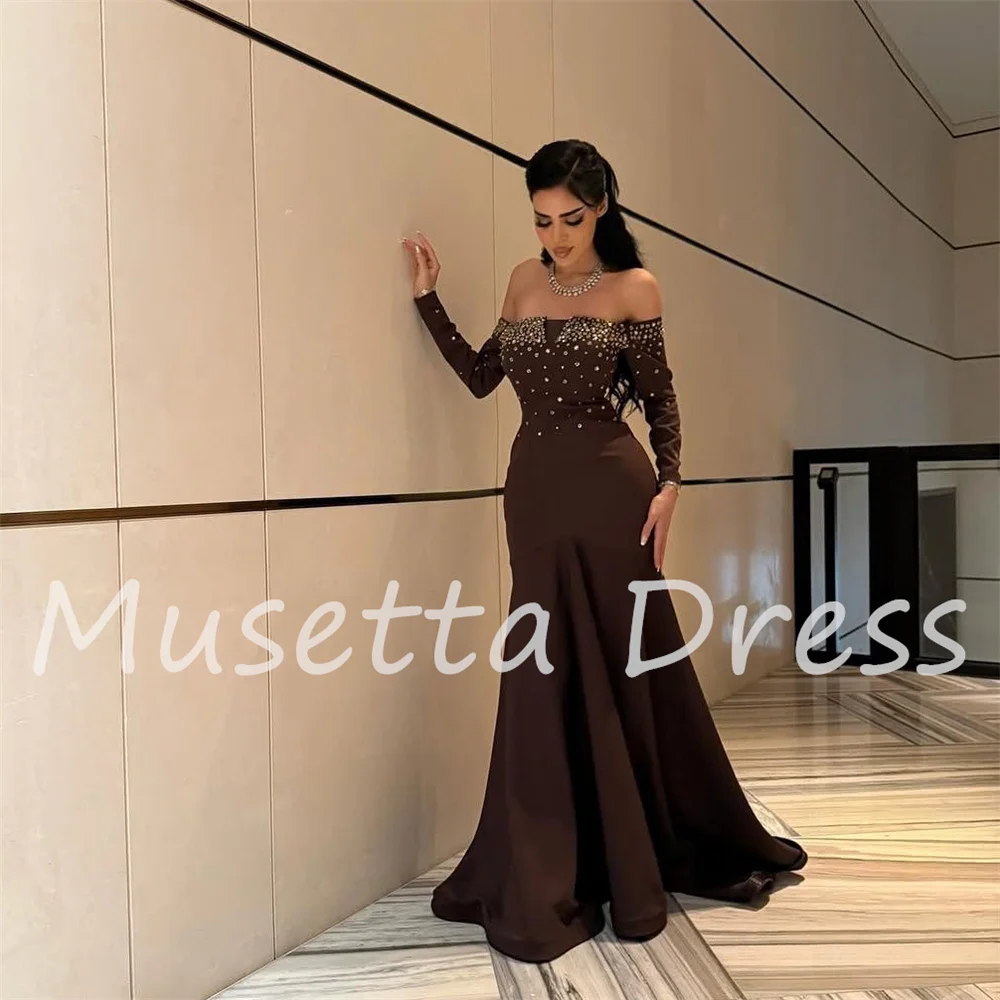Musetta Abendkleider mit Perlenstickerei, langen Ärmeln, schulterfrei, offener Rücken, trägerlos, formelles Abschlussball-Partykleid