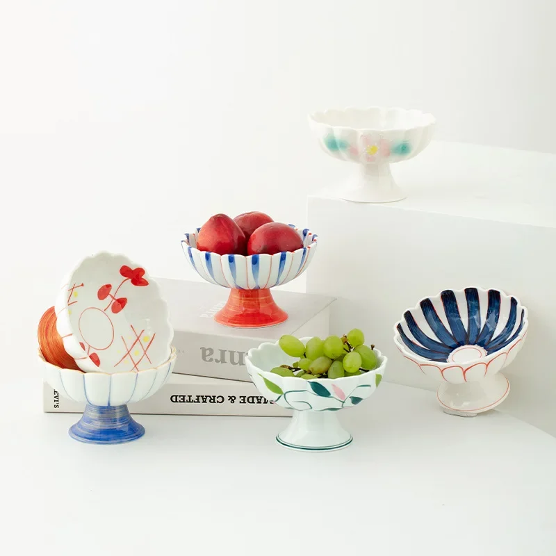 Hand Painted Scalloped Pedestal CeramicFruit Bowl,High Foot Snack Nut Serving Plate CoffeeTable Oriental Tabletop HomeDecor Tray