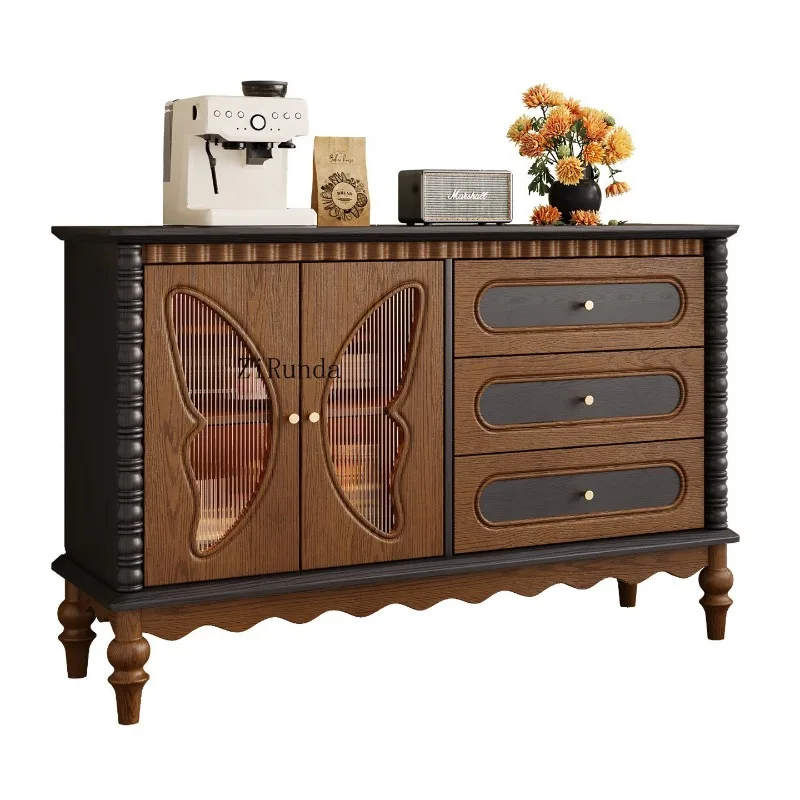 Medieval style solid wood double door three drawer household porch cabinet color matching French restaurant decorative cabinet